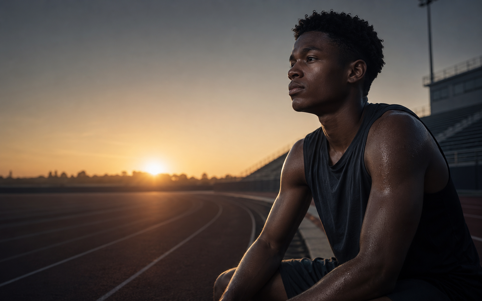 Athlete reflecting on an empty track at dawn