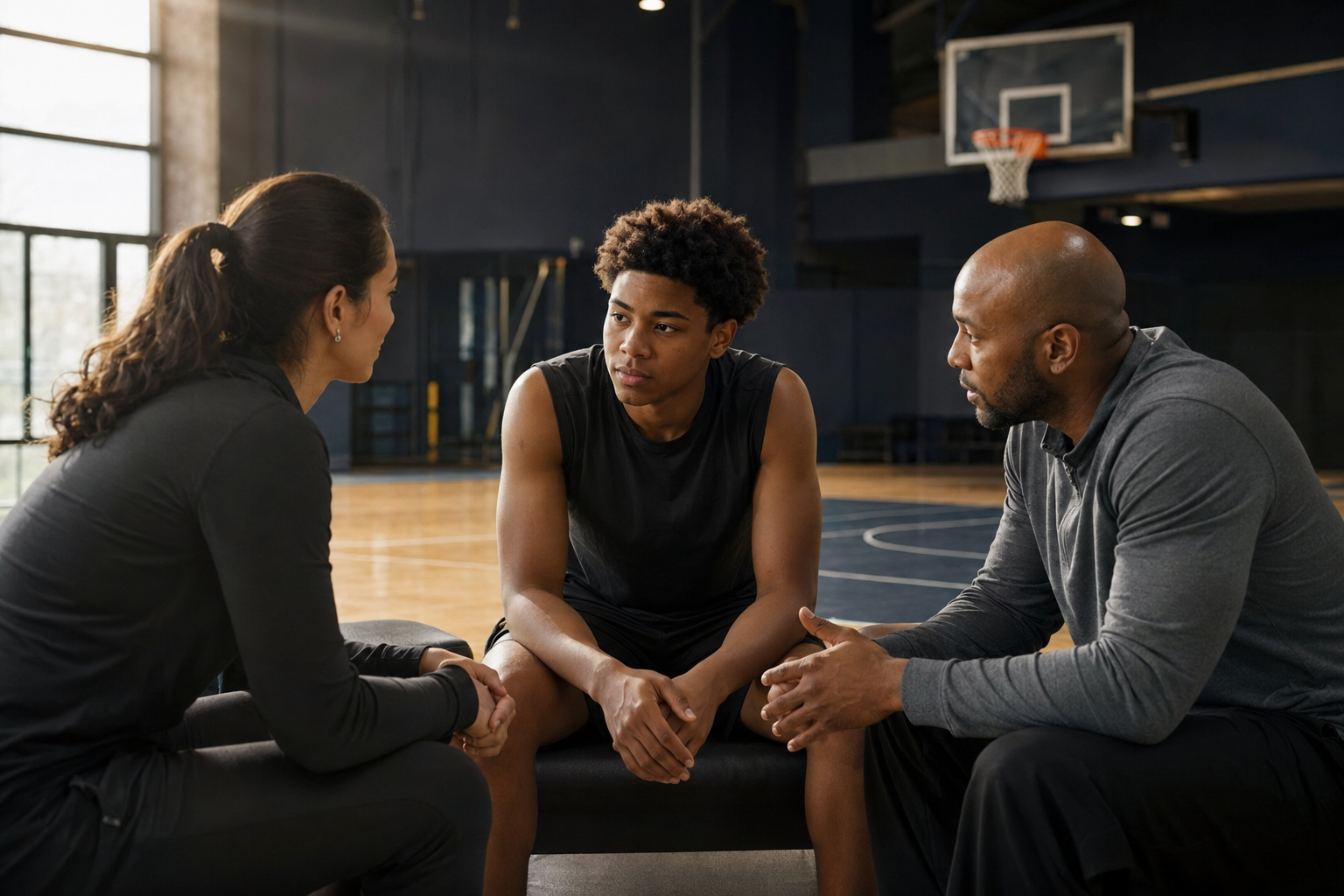 Athlete in a supportive conversation with care and coaching professionals
